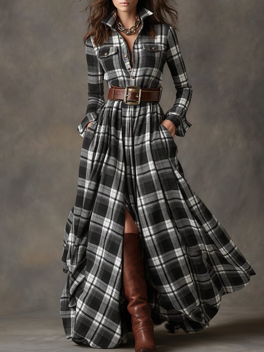 Belted Tartan Shirt Dress for Women - Black