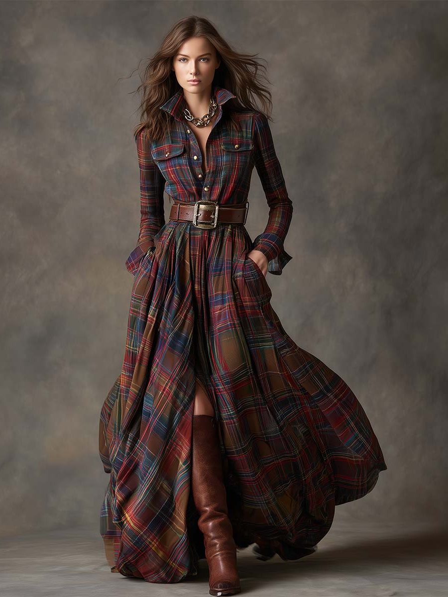 Belted Tartan Shirt Dress for Women - View 6