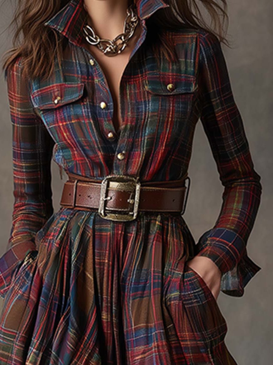 Belted Tartan Shirt Dress for Women - View 7