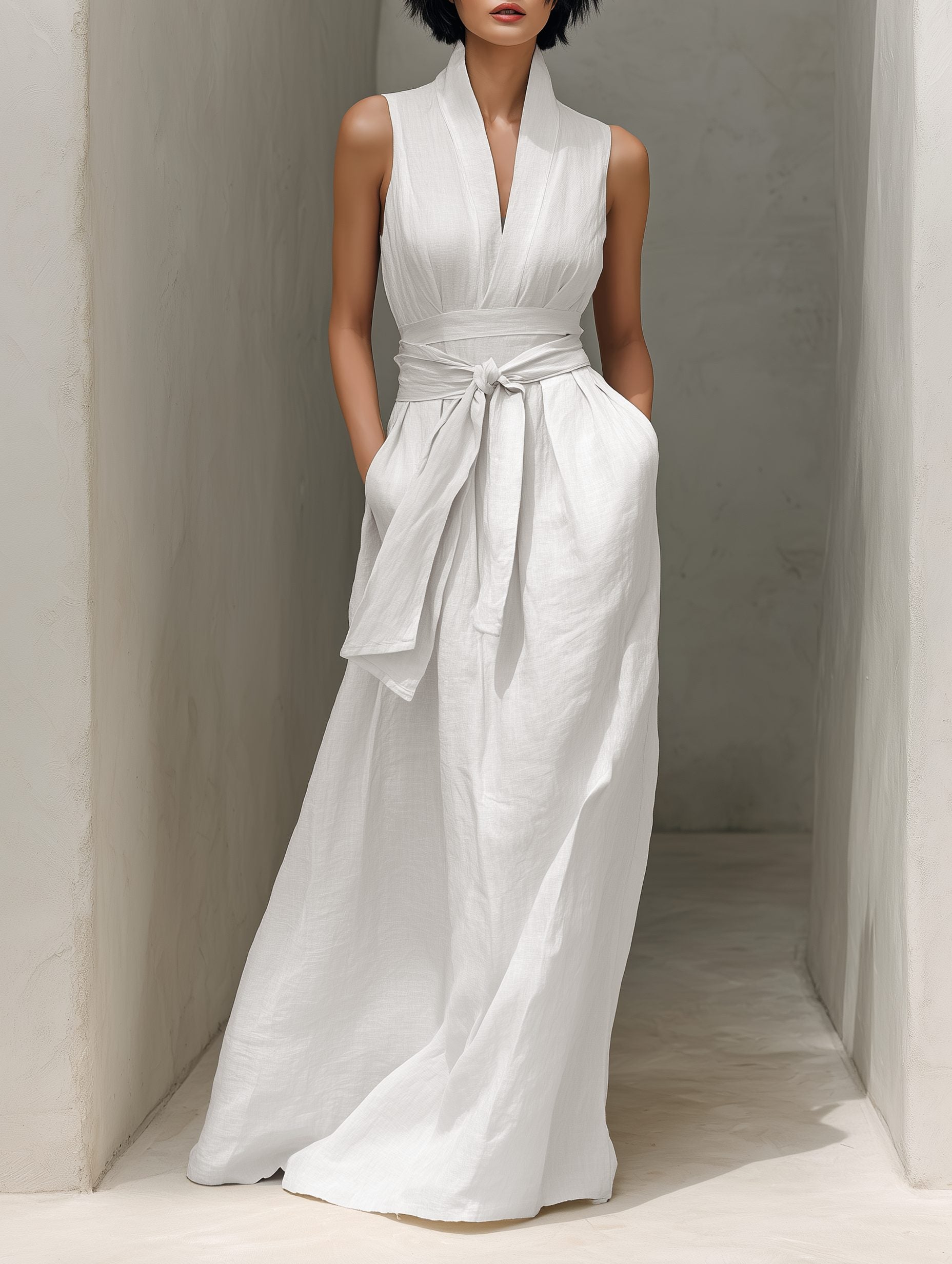 Belted V-Neck Sleeveless Maxi Dress for Women