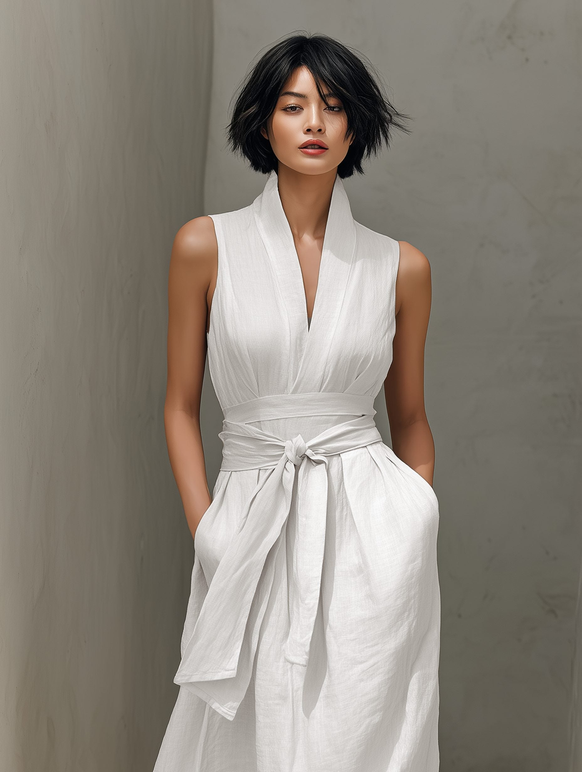 Belted V-Neck Sleeveless Maxi Dress for Women - View 3