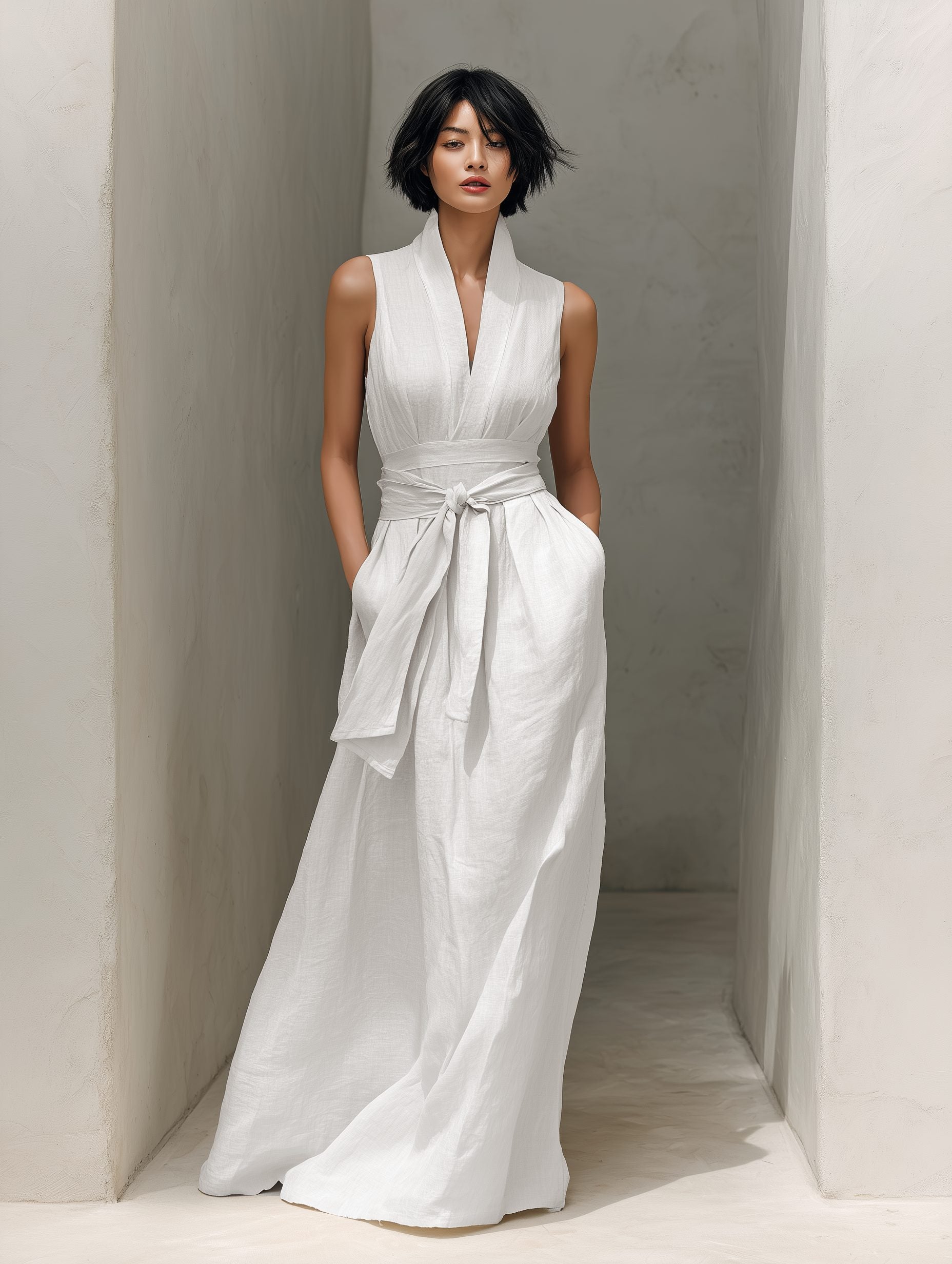 Belted V-Neck Sleeveless Maxi Dress for Women - View 5