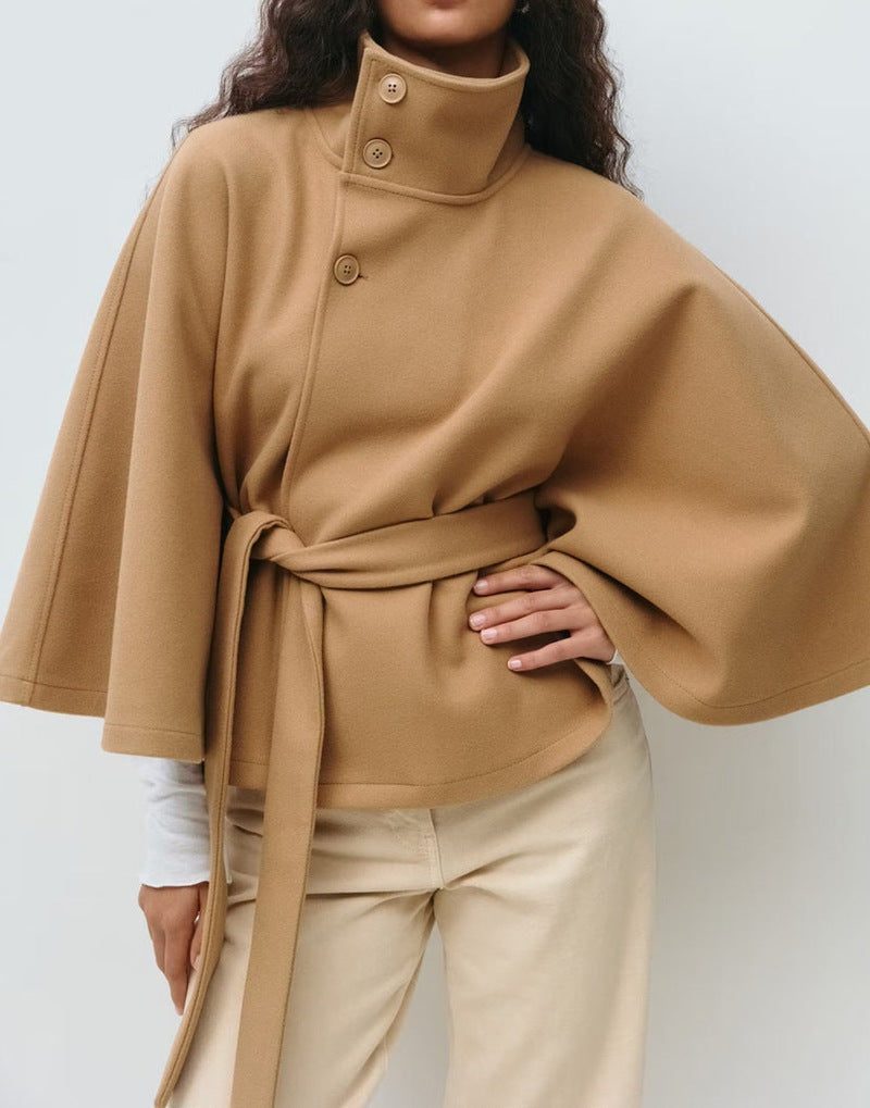 Belted Wool Cape with Stand Collar for Women - Khaki