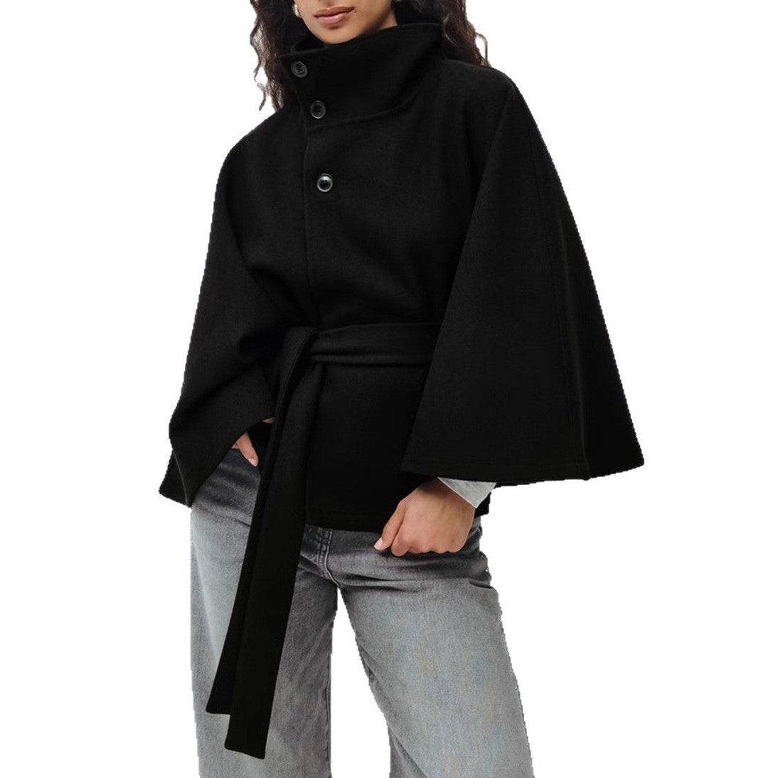 Belted Wool Cape with Stand Collar for Women - View 10