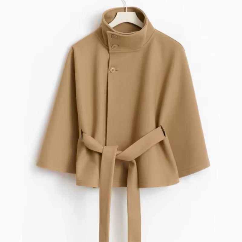 Belted Wool Cape with Stand Collar for Women - View 11