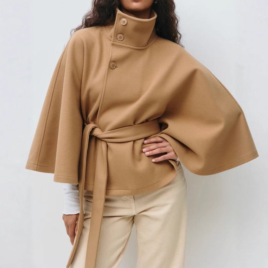 Belted Wool Cape with Stand Collar for Women