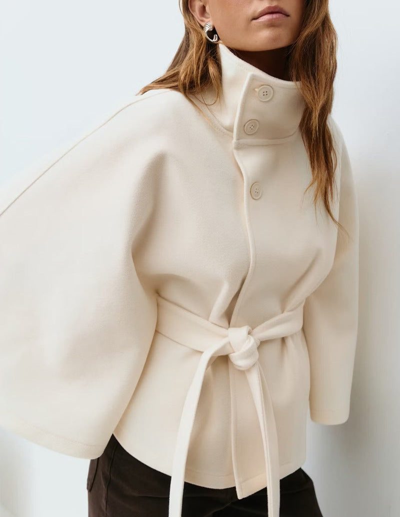 Belted Wool Cape with Stand Collar for Women - White