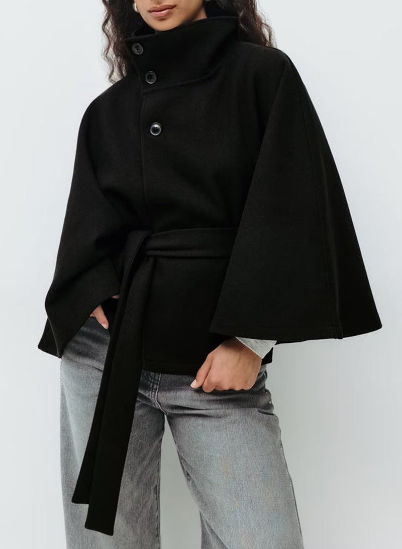 Belted Wool Cape with Stand Collar for Women - Black