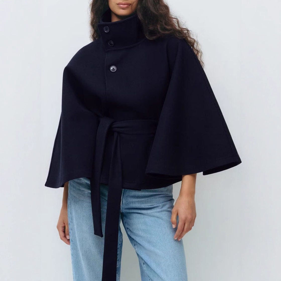 Belted Wool Cape with Stand Collar for Women - Navy