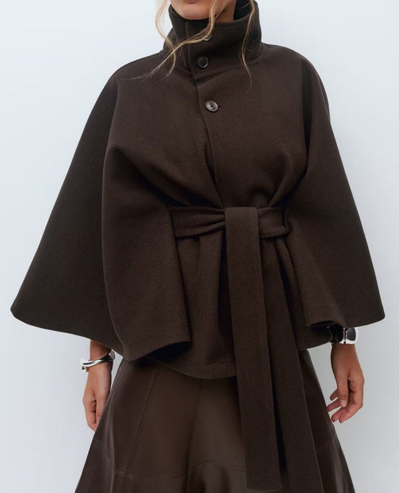 Belted Wool Cape with Stand Collar for Women - Brown