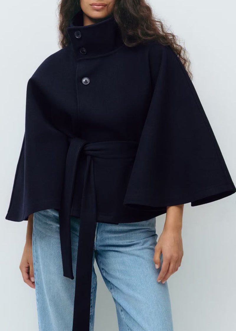 Belted Wool Cape with Stand Collar for Women - View 2