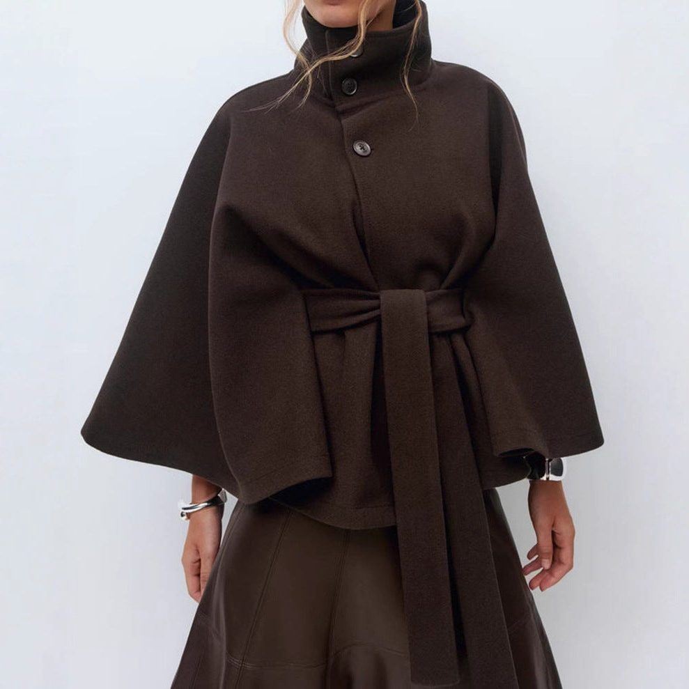 Belted Wool Cape with Stand Collar for Women - View 8