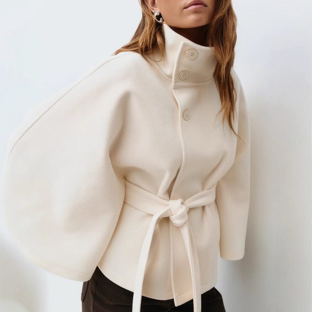 Belted Wool Cape with Stand Collar for Women - View 9