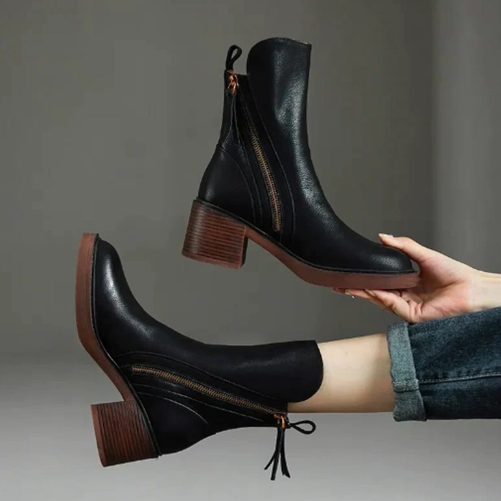 Block Heel Zip-Up Ankle Boots for Women - Black