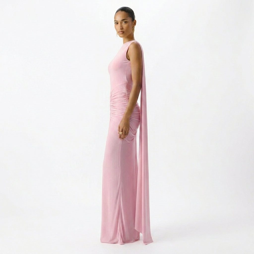 Boat-Neck Maxi Dress with Ruched Cape-Sleeves and Open Back for Women