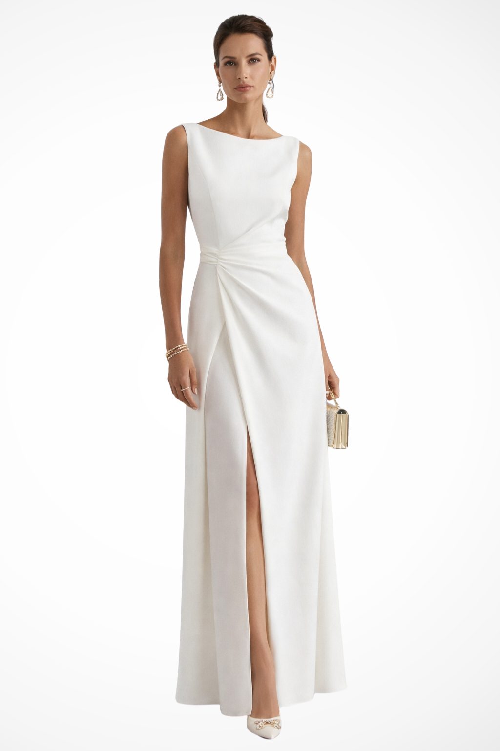 Boat Neck Sleeveless Maxi Dress with Draped Waist Split for Women