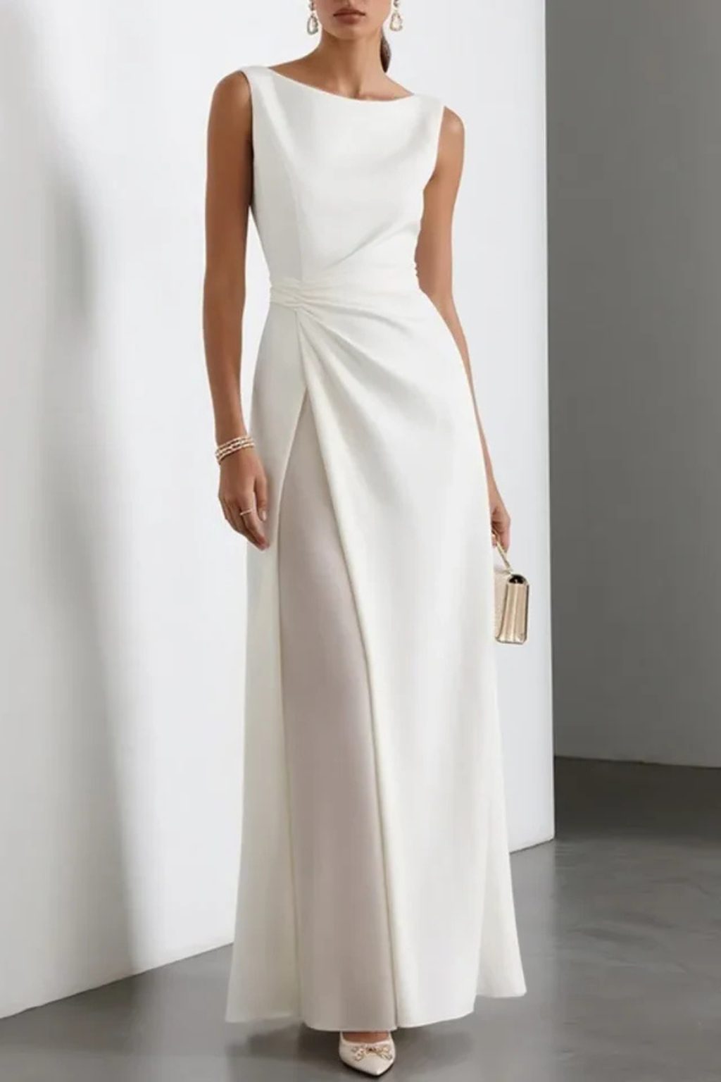 Boat Neck Sleeveless Maxi Dress with Draped Waist Split for Women - View 2