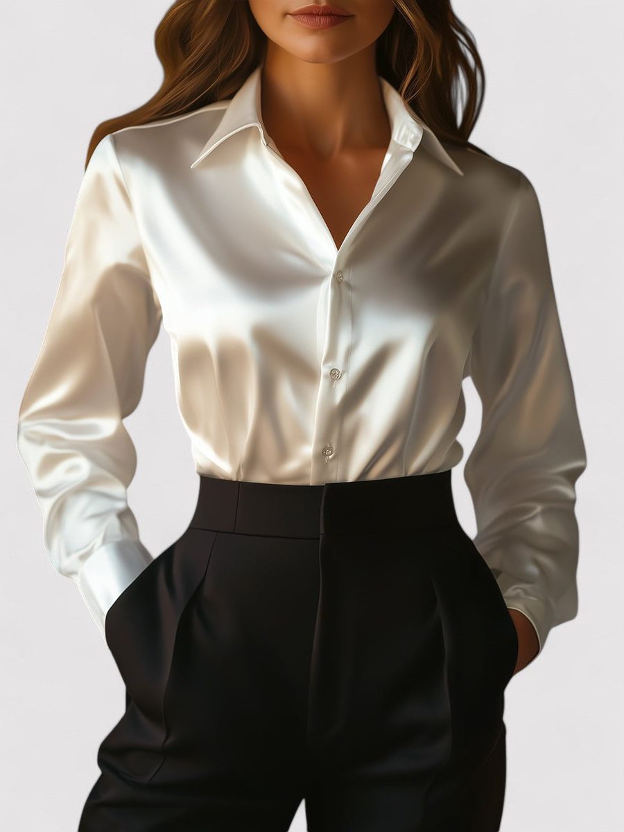 Button-Down Satin Blouse for Women - White