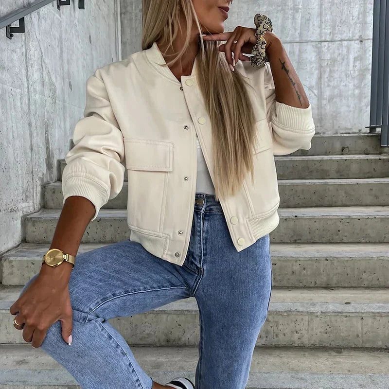 Button-Front Bomber Jacket for Women - Ivory