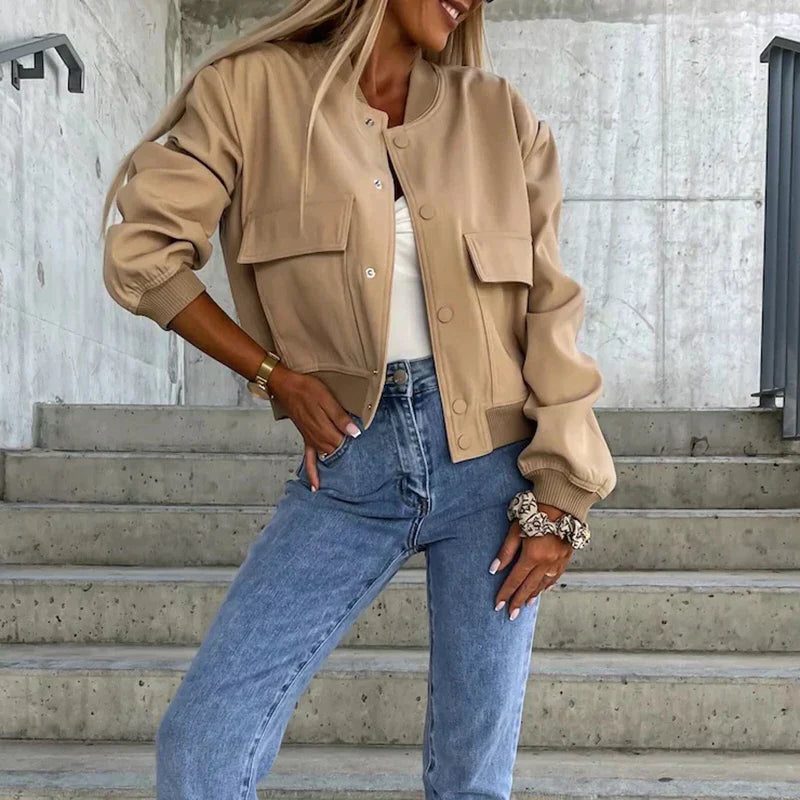 Button-Front Bomber Jacket for Women