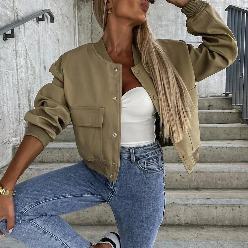 Button-Front Bomber Jacket for Women - Olive