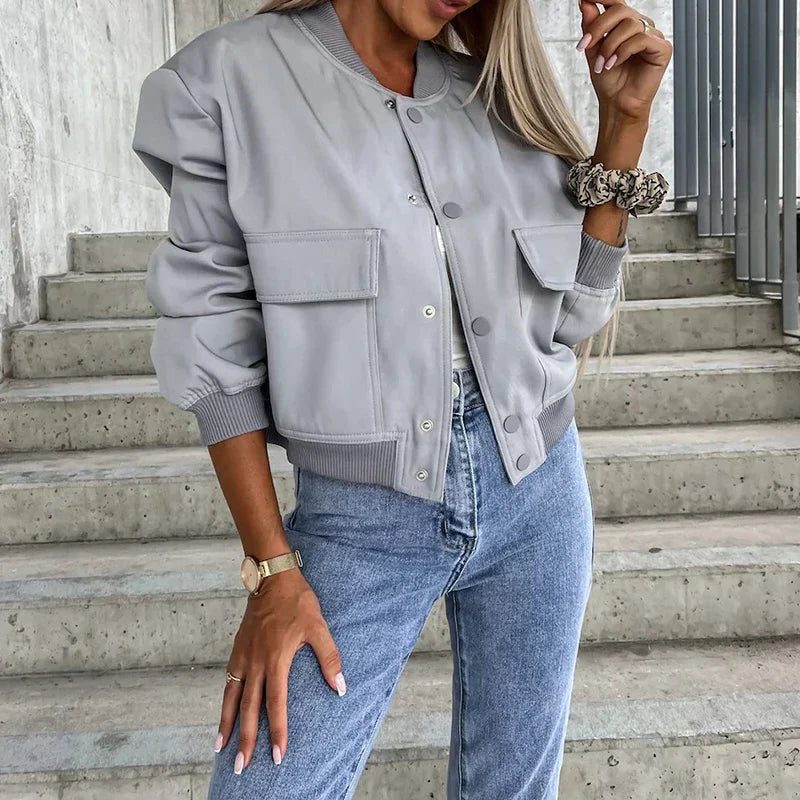 Button-Front Bomber Jacket for Women - Grey
