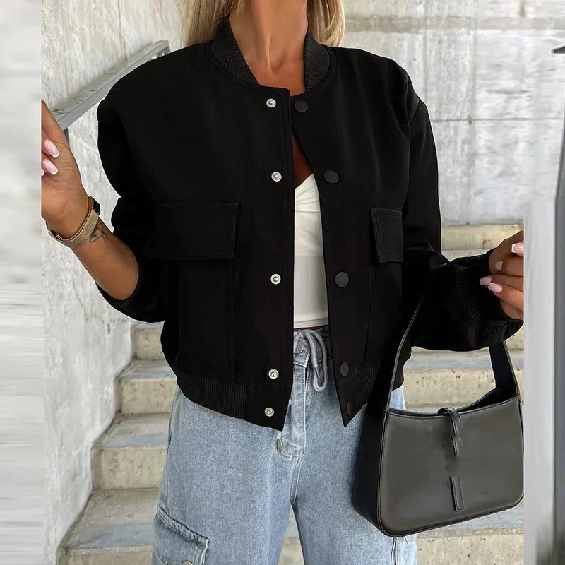 Button-Front Bomber Jacket for Women - Black