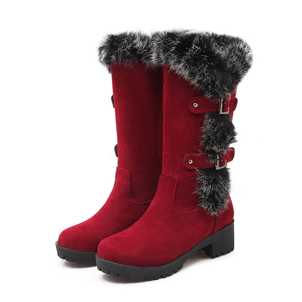 Suede Faux Fur Trim Buckle MidCalf Winter Boots for Women