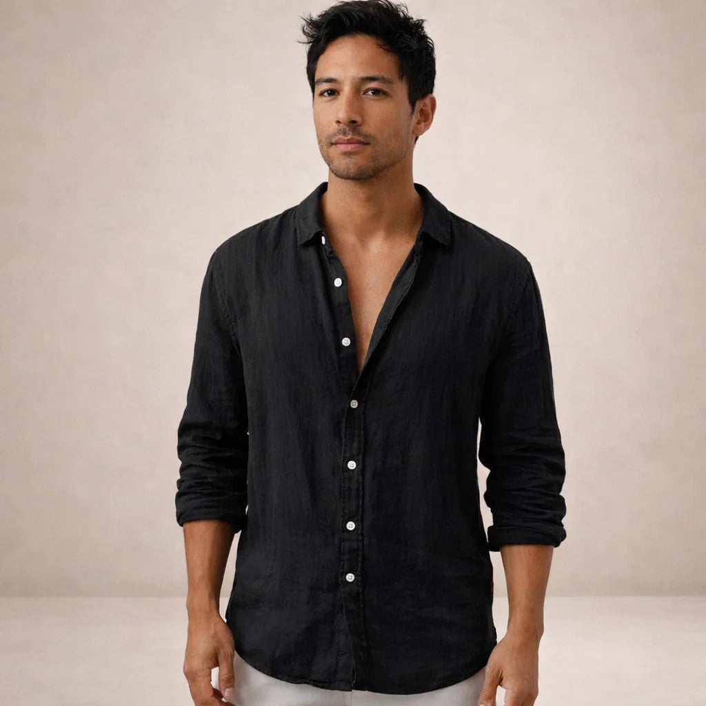 Linen Long Sleeve Shirt with Open Collar for Men