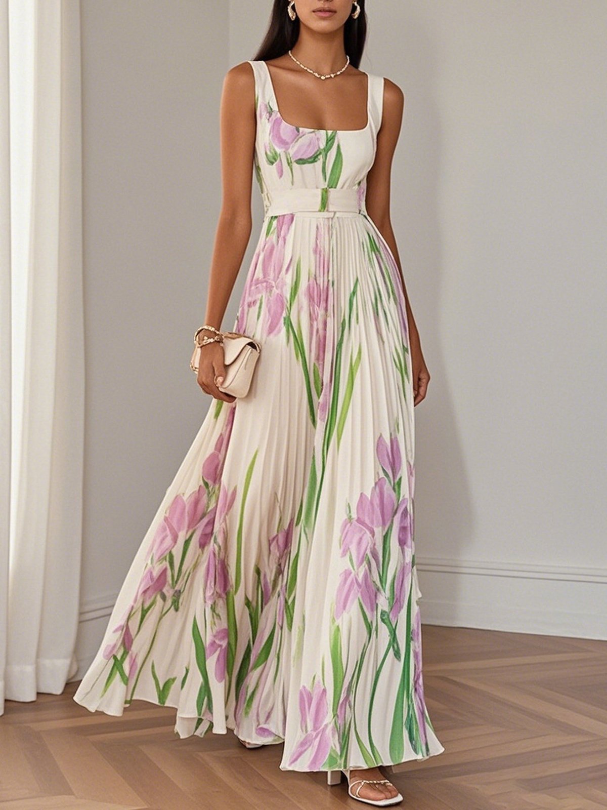Pleated Floral Maxi Dress for Women
