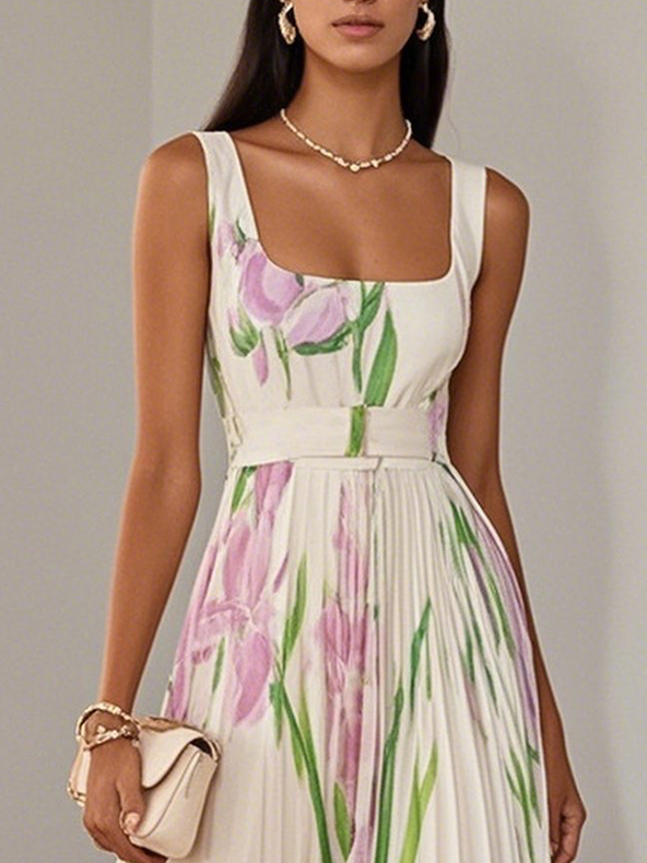 Pleated Floral Maxi Dress for Women