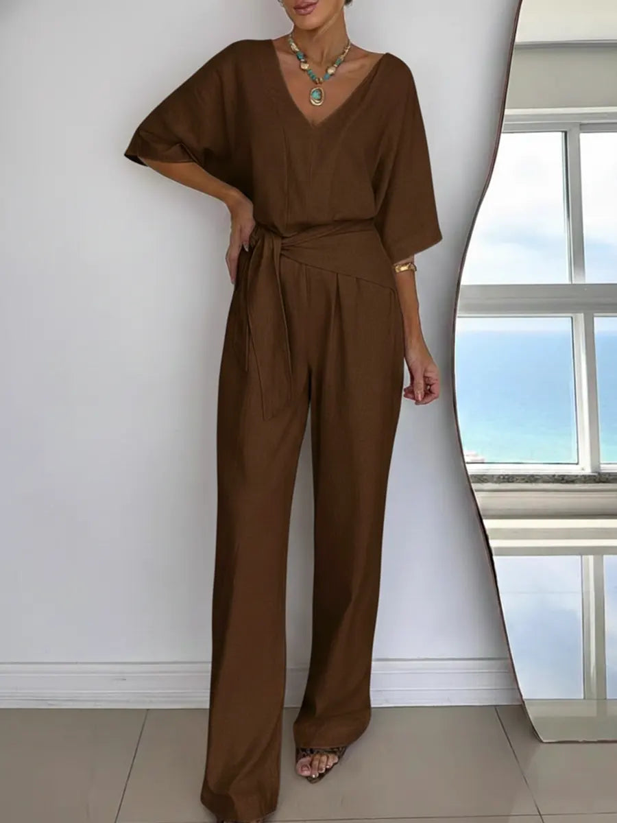 Linen Wide Leg Belted Jumpsuit for Women