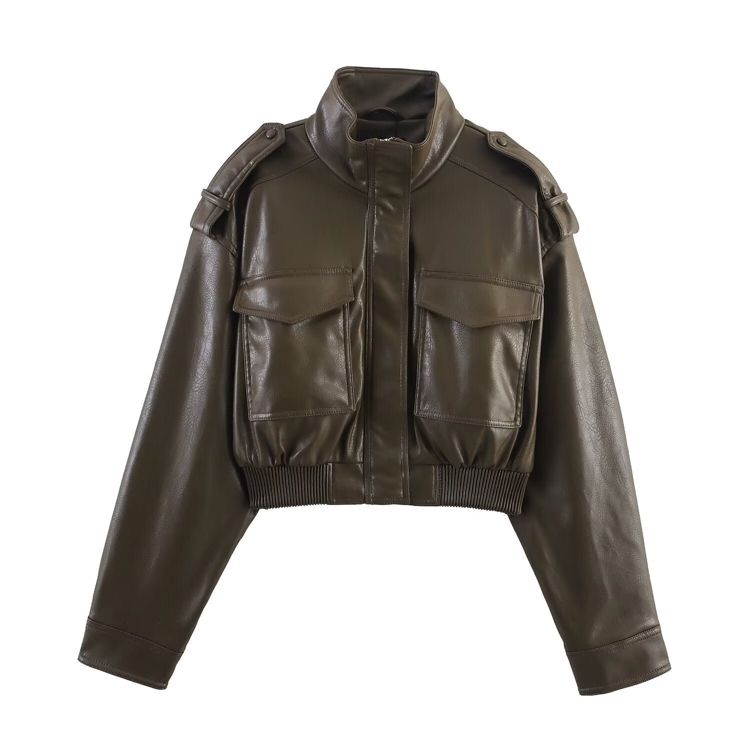 Cropped Faux Leather Bomber Jacket for Women