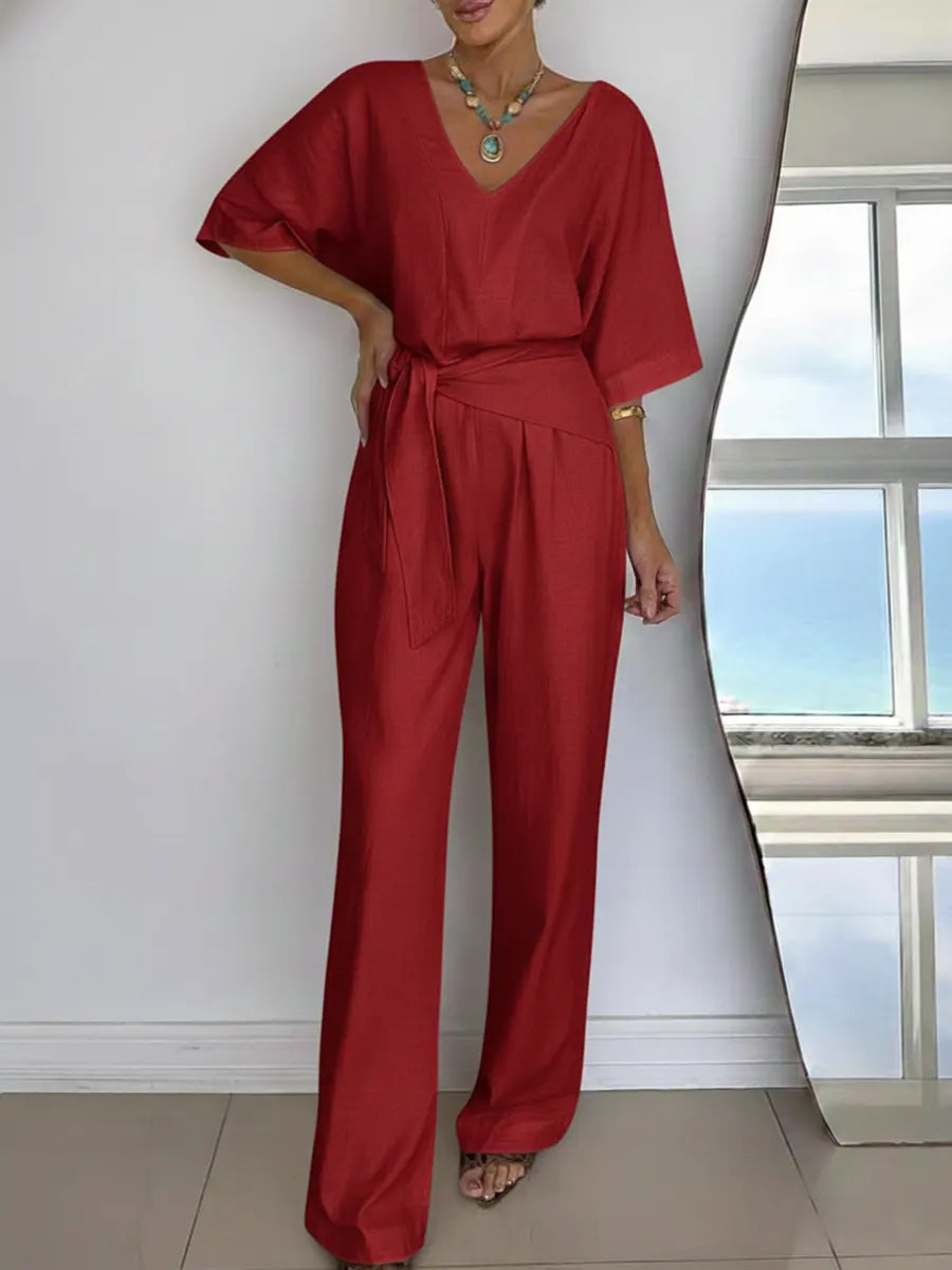 Linen Wide Leg Belted Jumpsuit for Women
