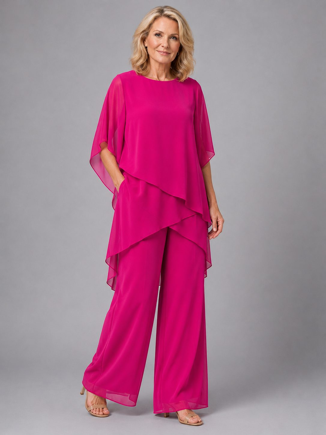 Chiffon Wide Leg Overlay Trousers Set for Women - Pink