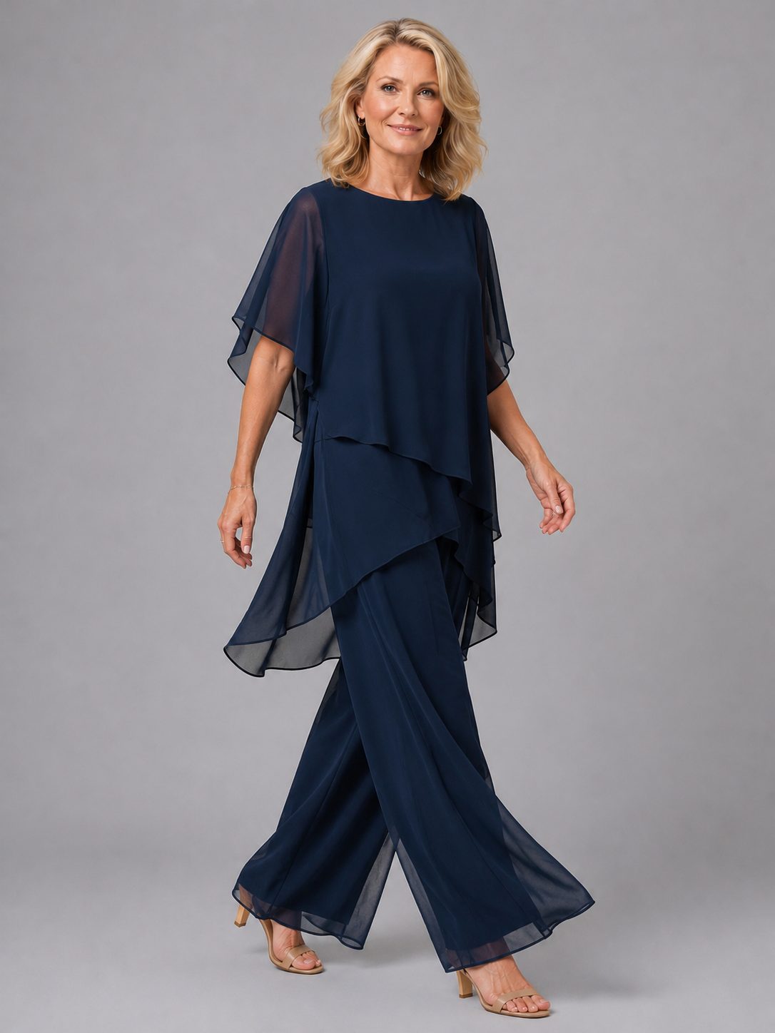 Chiffon Wide Leg Overlay Trousers Set for Women - View 3