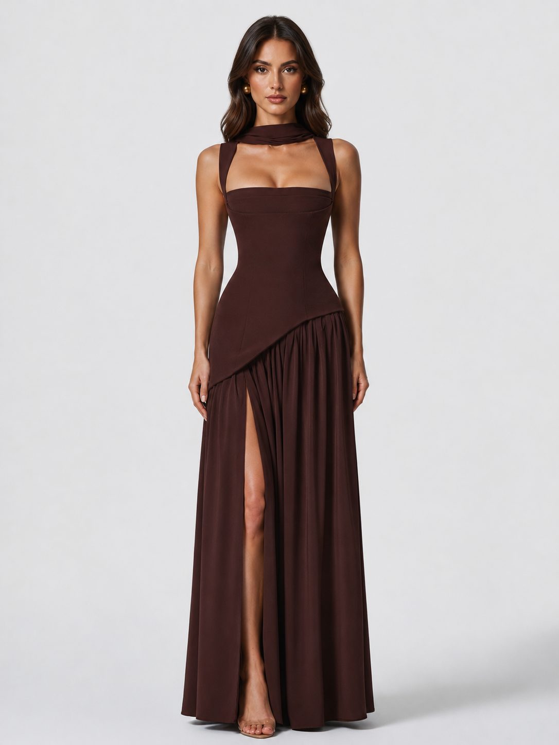 Choker Neck Maxi Dress with Draped Slit for Women