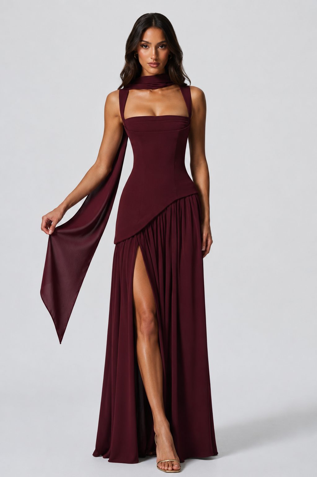Choker Neck Maxi Dress with Draped Slit for Women - View 9