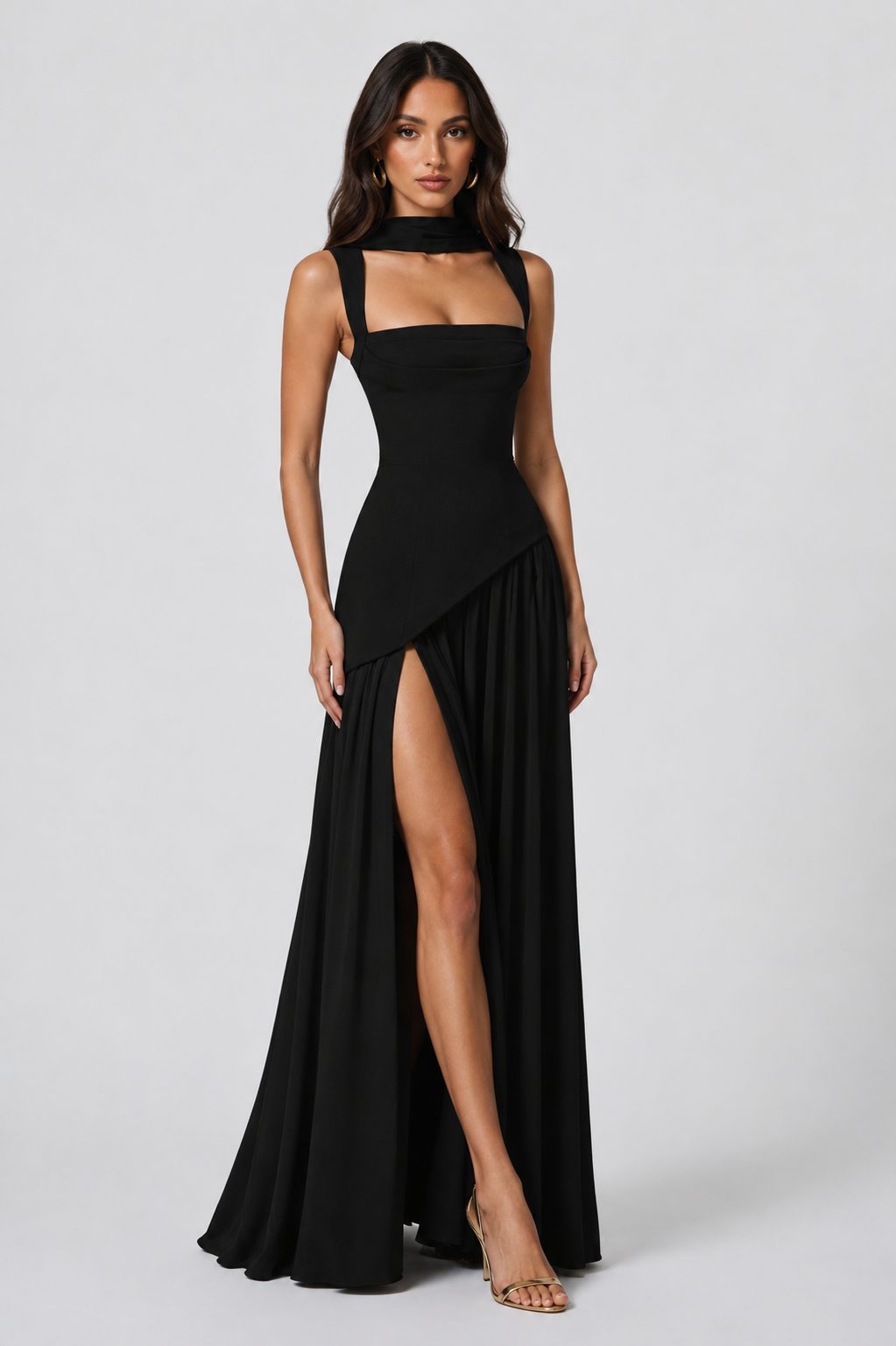 Choker Neck Maxi Dress with Draped Slit for Women - View 11