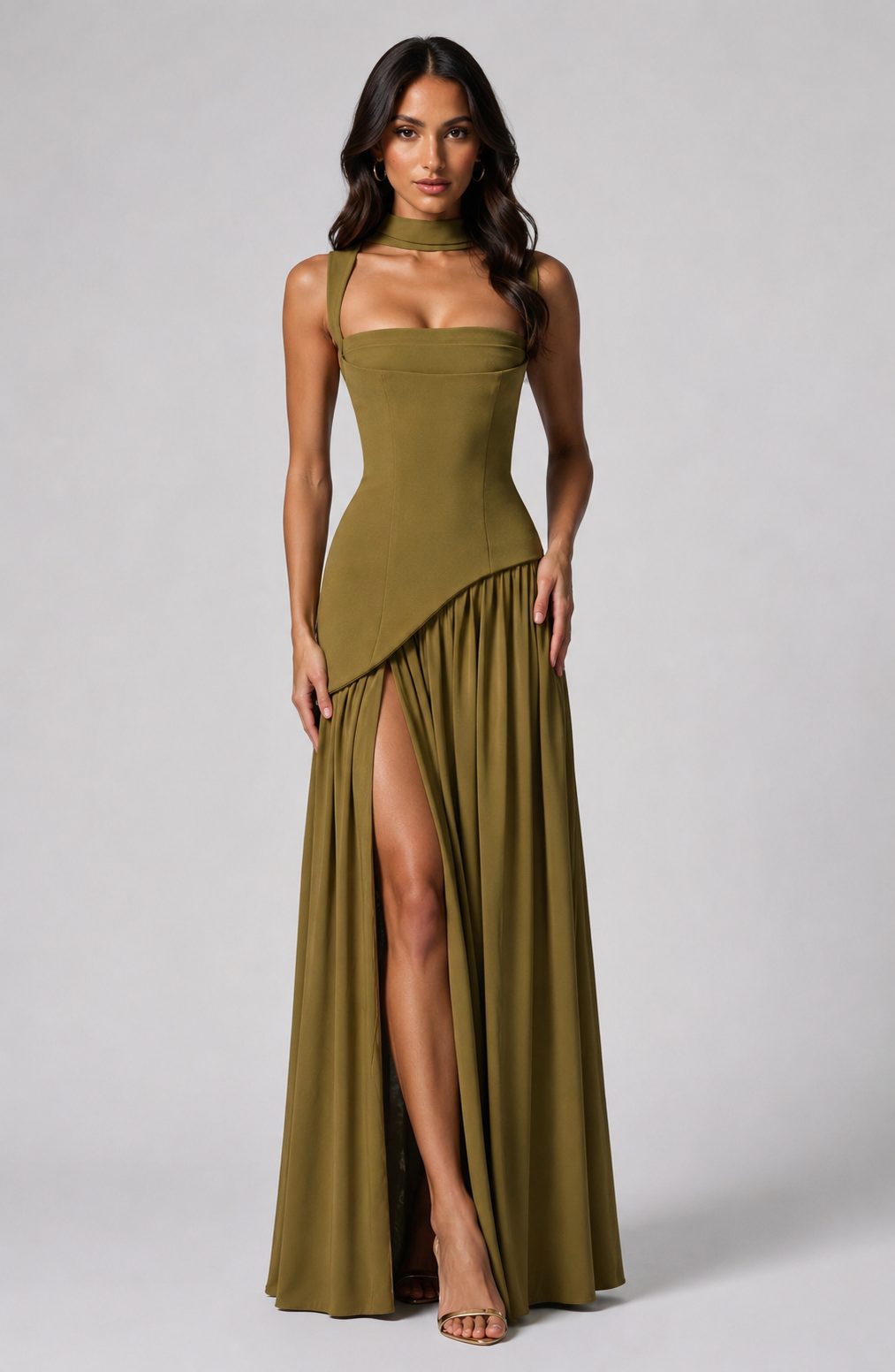Choker Neck Maxi Dress with Draped Slit for Women - Sage Green
