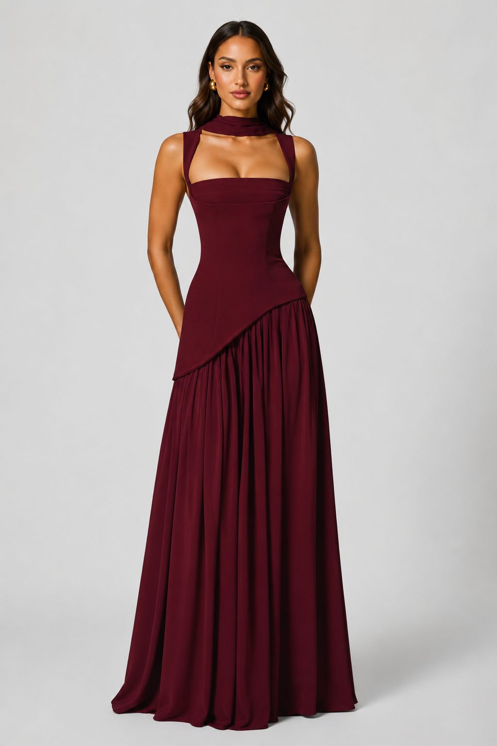 Choker Neck Maxi Dress with Draped Slit for Women - Burgundy