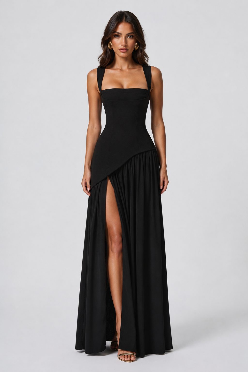 Choker Neck Maxi Dress with Draped Slit for Women - Black