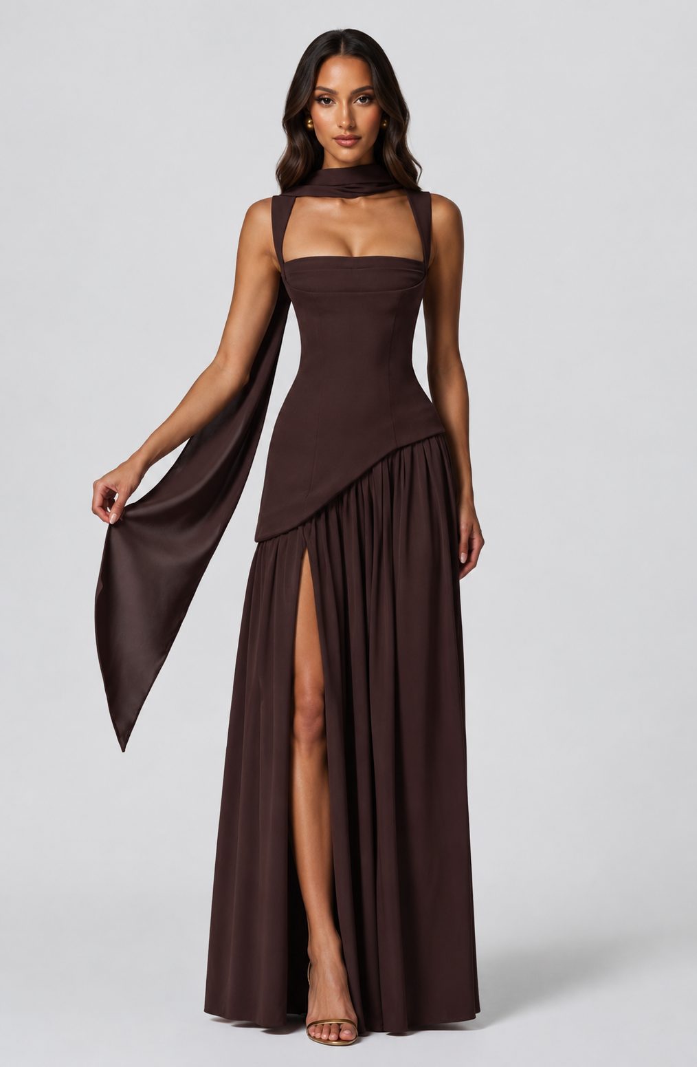 Choker Neck Maxi Dress with Draped Slit for Women - View 3