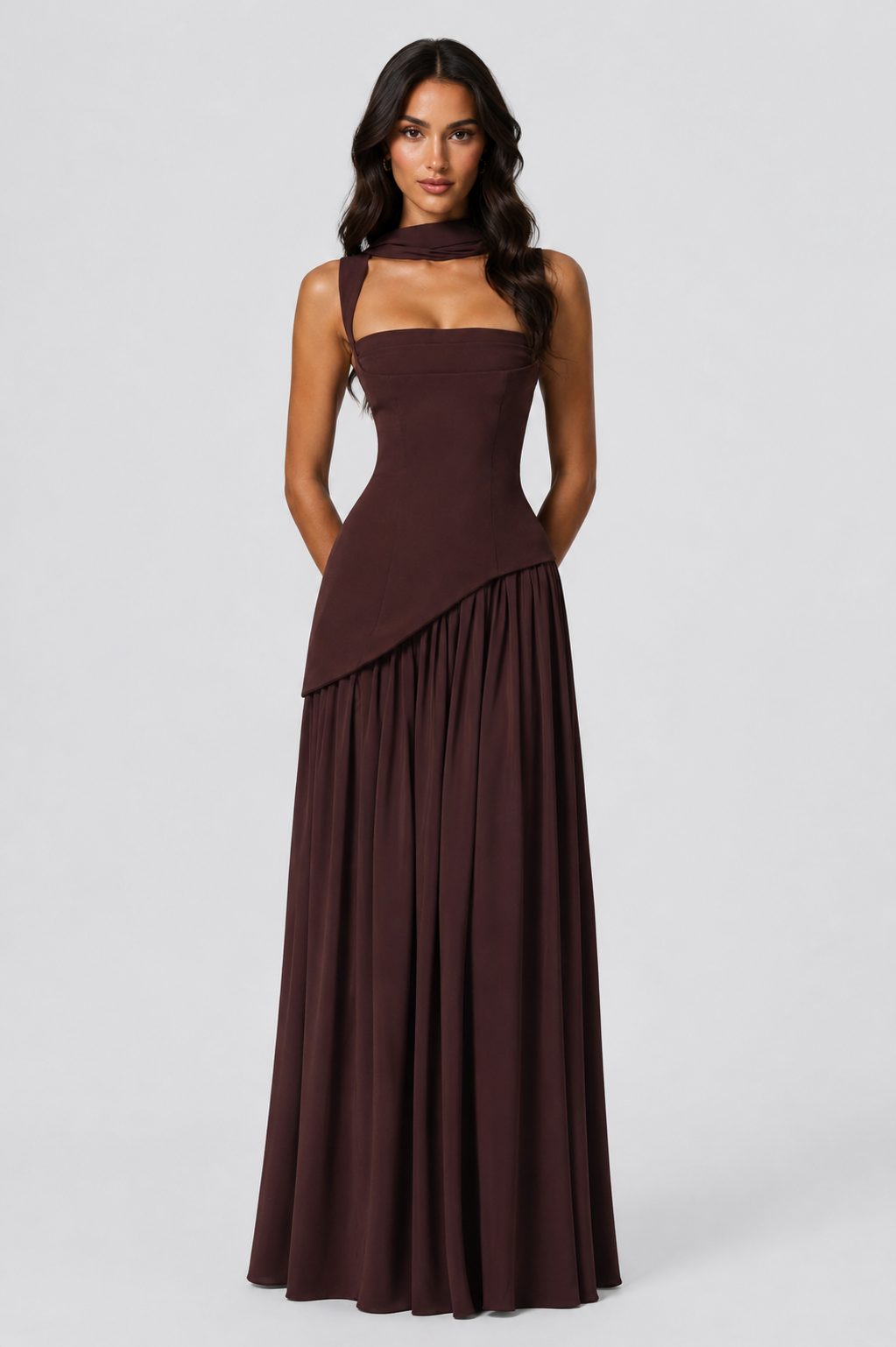 Choker Neck Maxi Dress with Draped Slit for Women - View 4