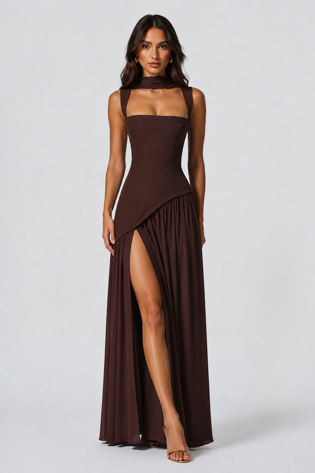 Choker Neck Maxi Dress with Draped Slit for Women - View 5