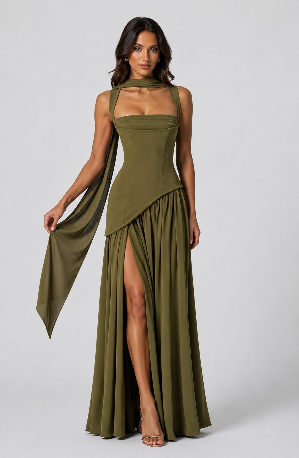 Choker Neck Maxi Dress with Draped Slit for Women - View 7