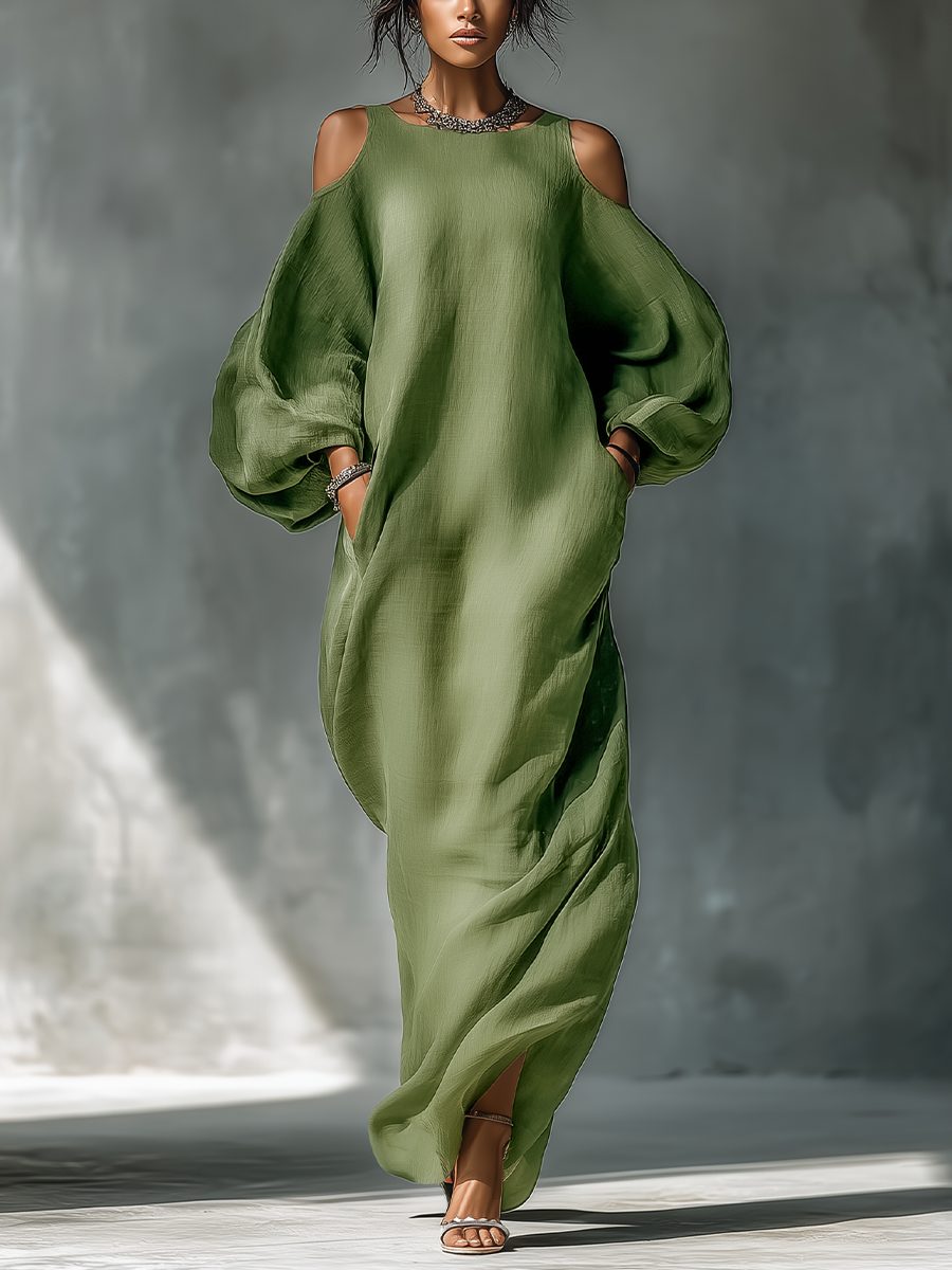 Cold-Shoulder Maxi Dress with Puff Sleeves and Side Pockets for Women