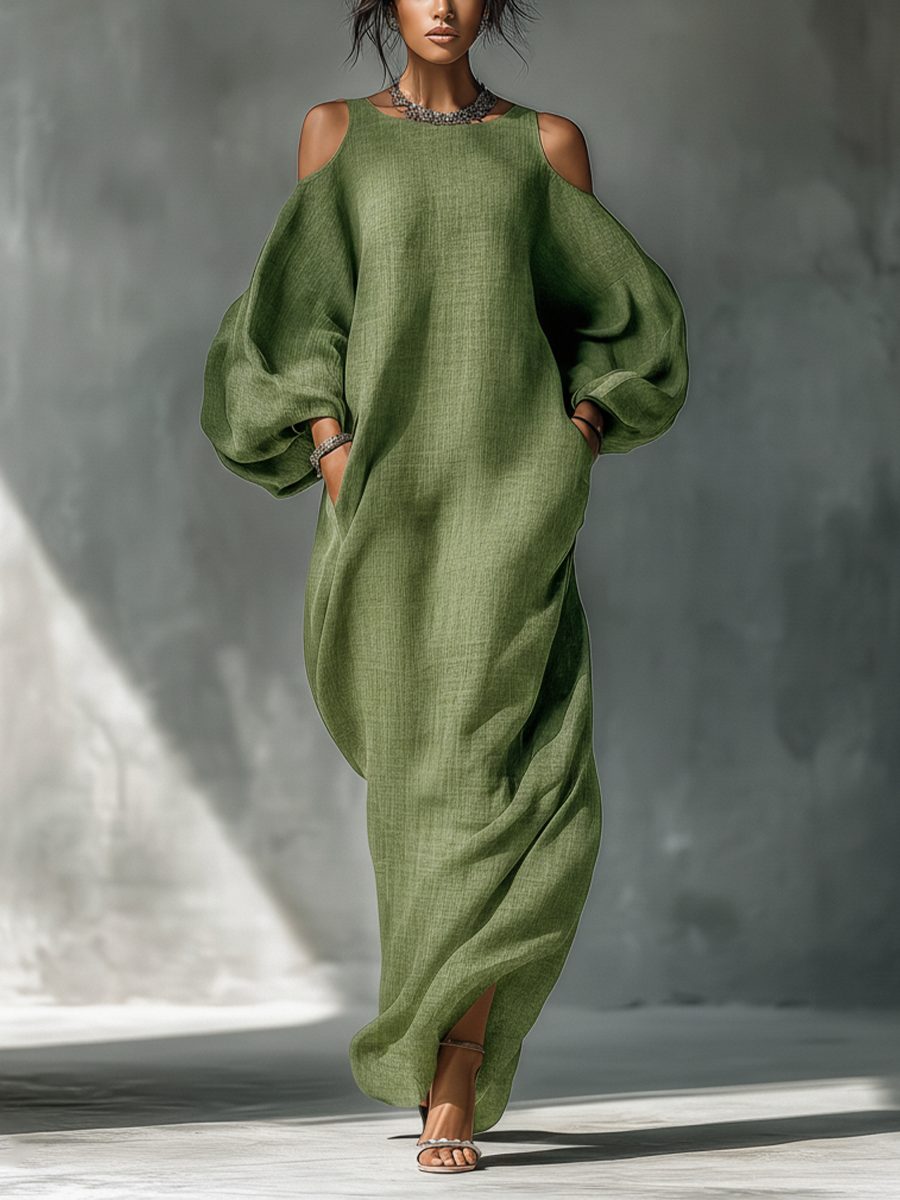 Cold-Shoulder Maxi Dress with Puff Sleeves and Side Pockets for Women - View 2