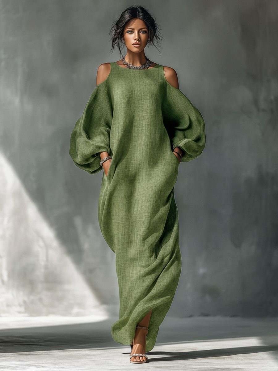 Cold-Shoulder Maxi Dress with Puff Sleeves and Side Pockets for Women - View 3