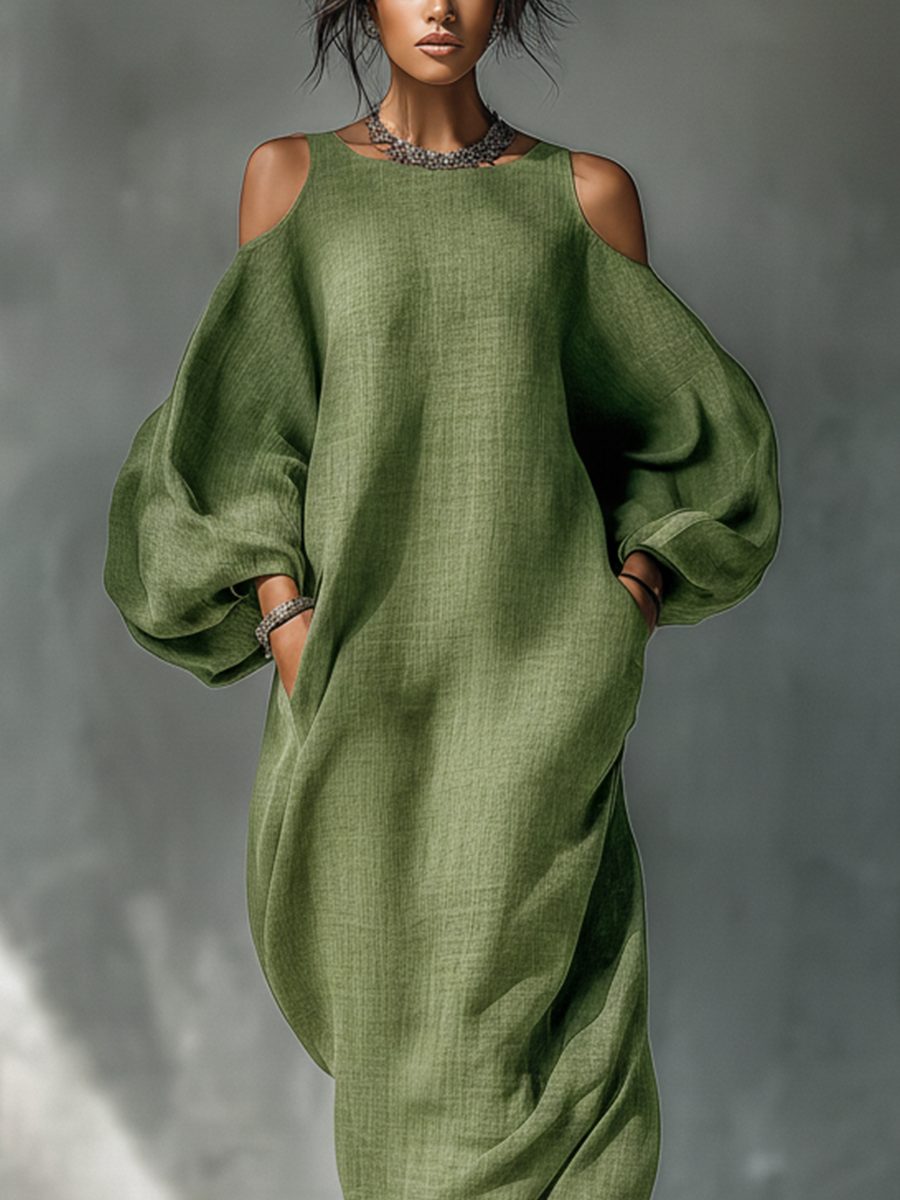 Cold-Shoulder Maxi Dress with Puff Sleeves and Side Pockets for Women - View 4